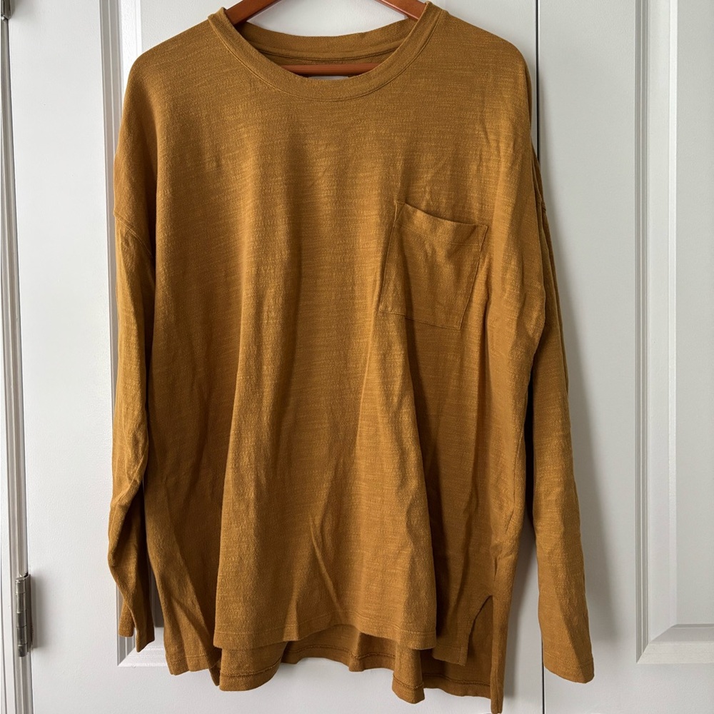 Lou & Grey Cognac Pocket Top 100% Cotton Textured Fabric Long Sleeve
